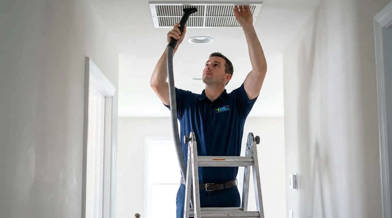 A DHL technician cleaning a ceiling air duct for cleaner indoor air.