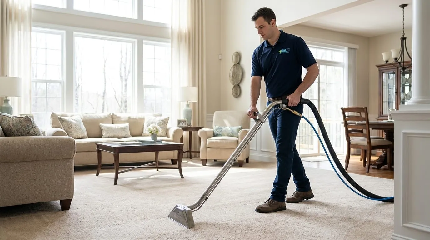 A DHL technician deep-cleaning a carpet with a hot-water-extraction wand.