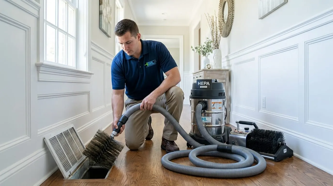A DHL technician working on a floor vent during a restoration job.