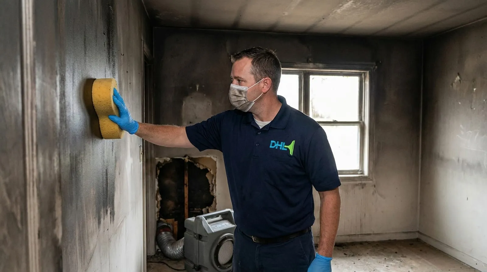A DHL technician in a respirator wiping soot from the wall of a fire-damaged room, an air scrubber running behind him.