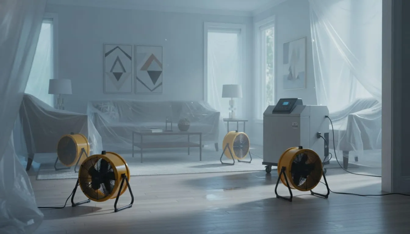 A room mid-restoration with DHL air movers and a dehumidifier drying the space.