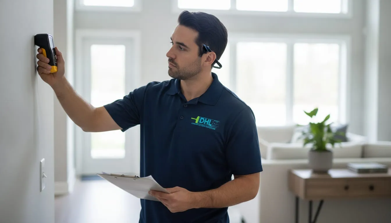 A DHL technician checking a wall with a moisture meter during a mold inspection.