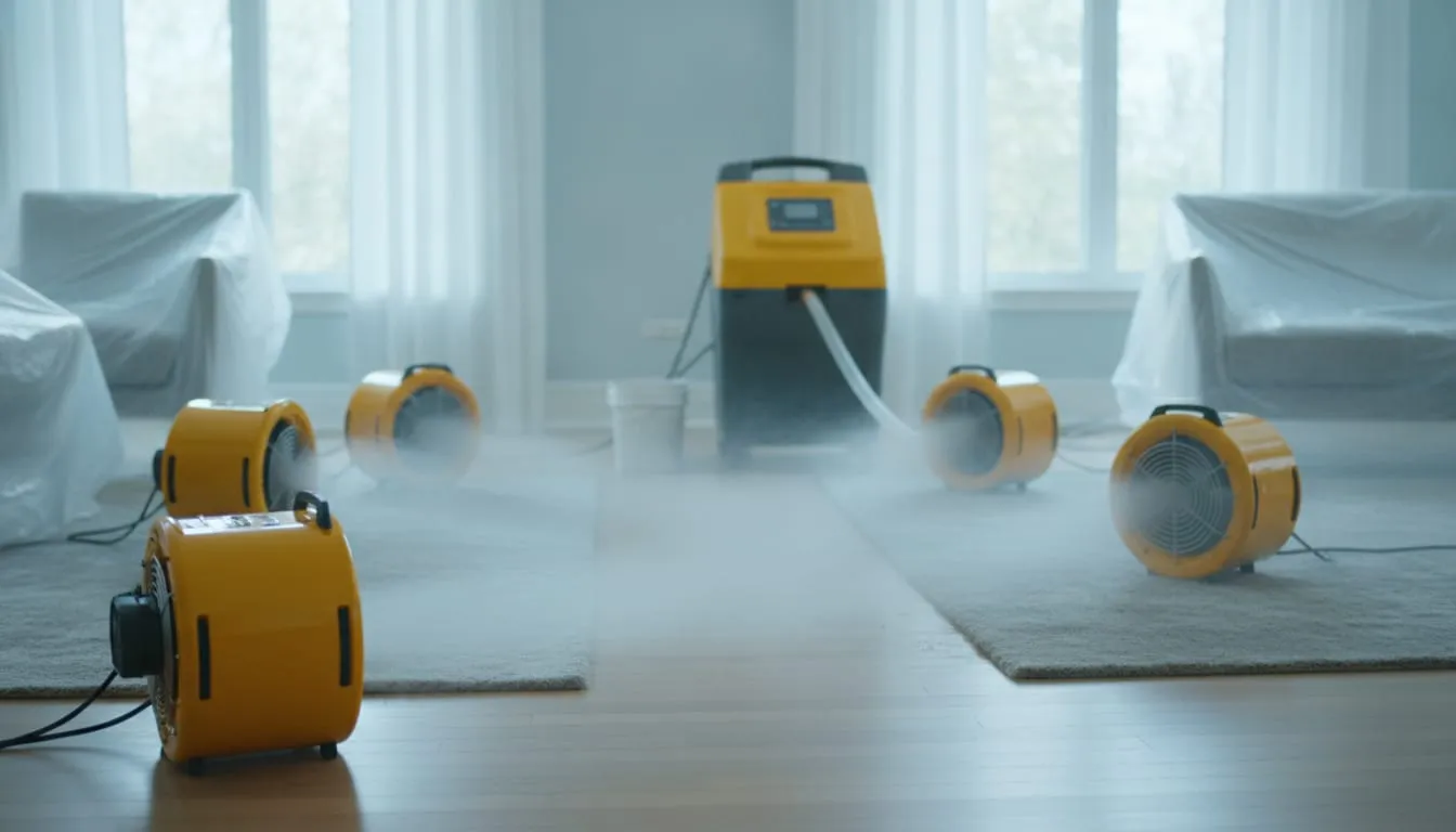 Air movers and a dehumidifier drying a room to stop mold from spreading.