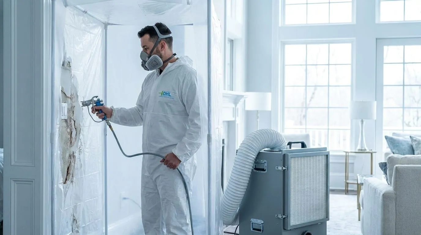 A DHL worker in protective gear treating mold inside a sealed containment area.