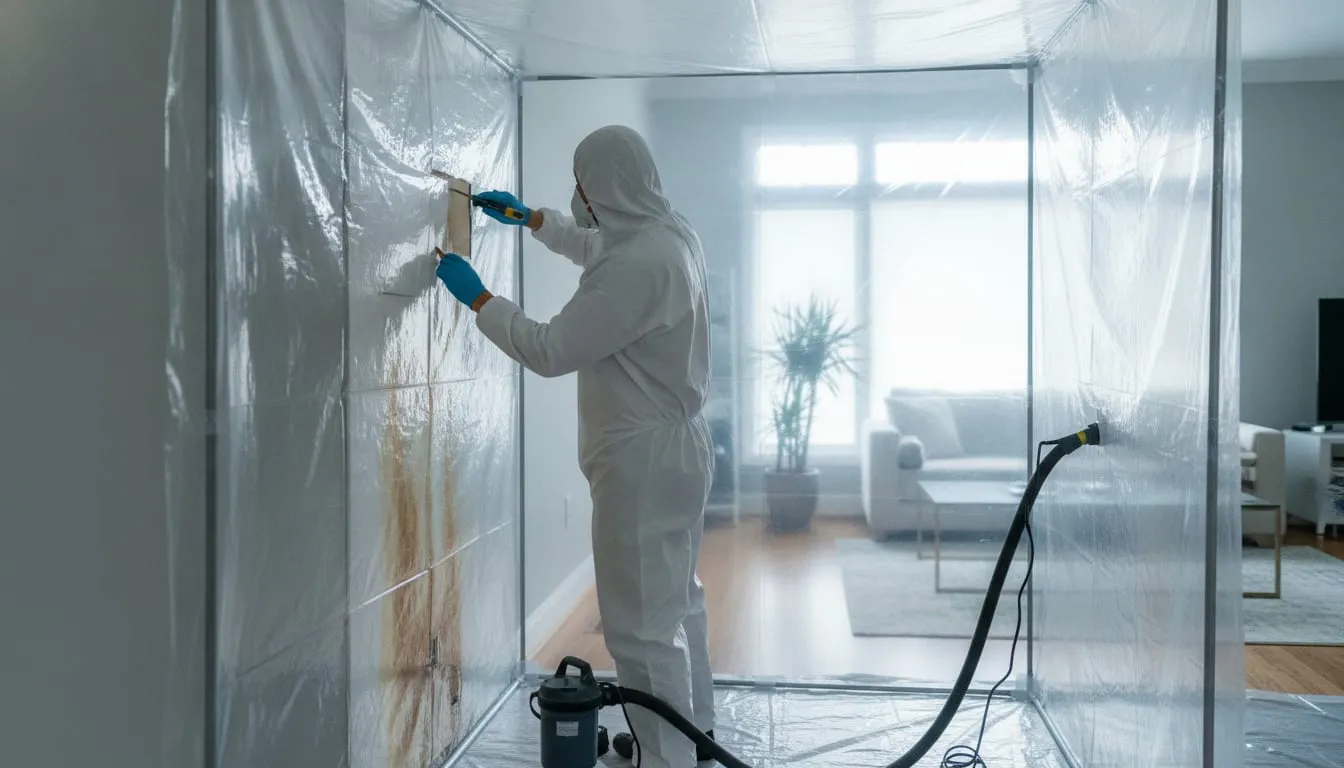 A DHL worker removing mold-affected drywall inside containment.