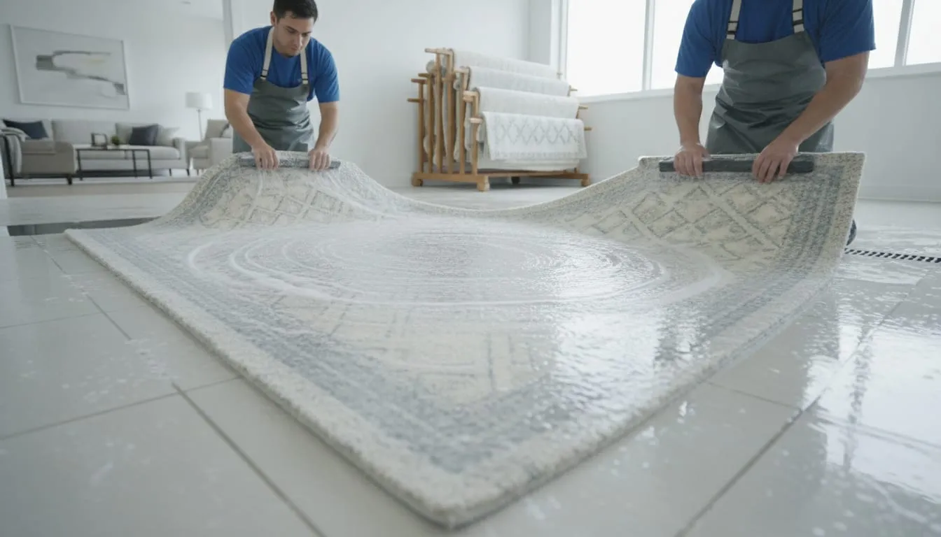An area rug being gently washed in a professional rug-cleaning facility.