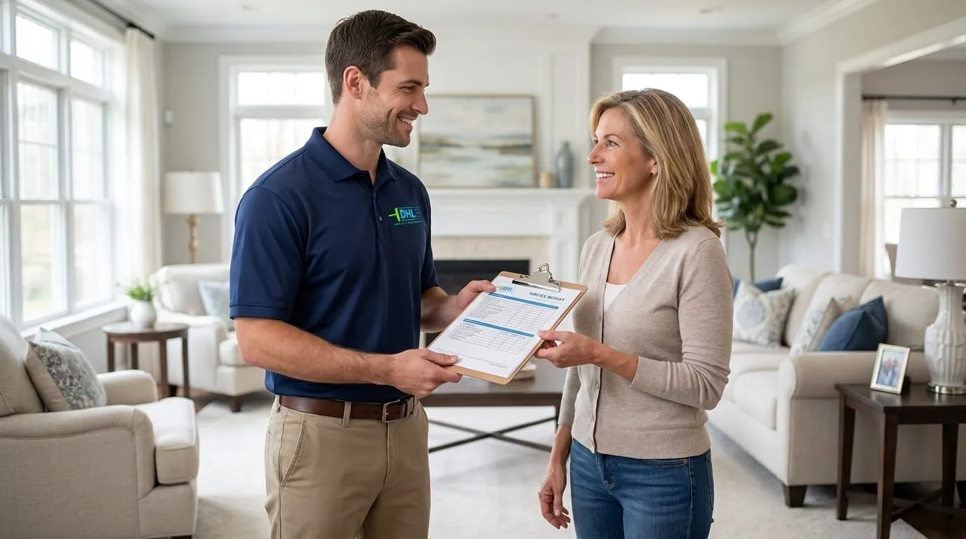 A DHL technician going through the moisture report with a homeowner.