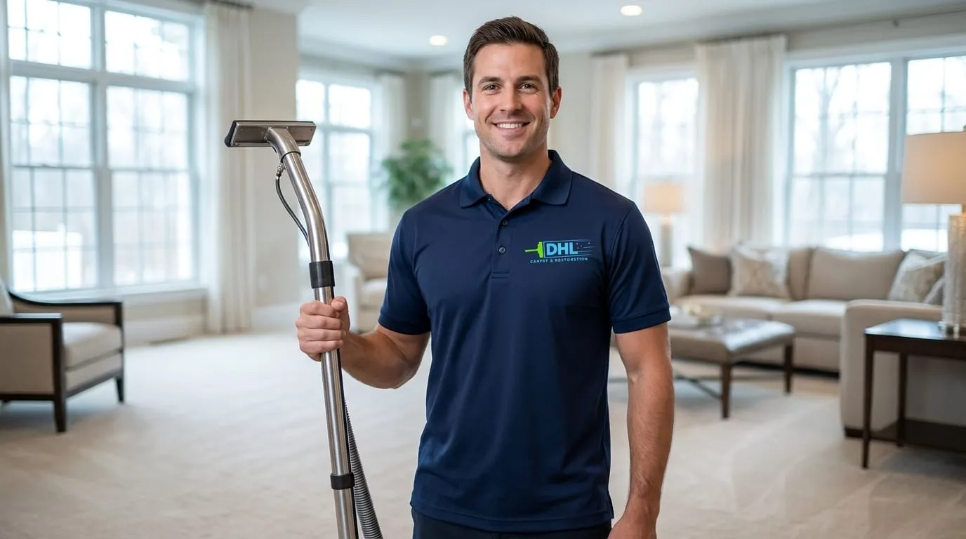 A friendly DHL technician with cleaning equipment in a bright, freshly cleaned living room.