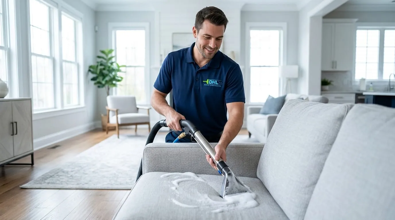 A DHL technician cleaning a sofa with a professional upholstery tool.