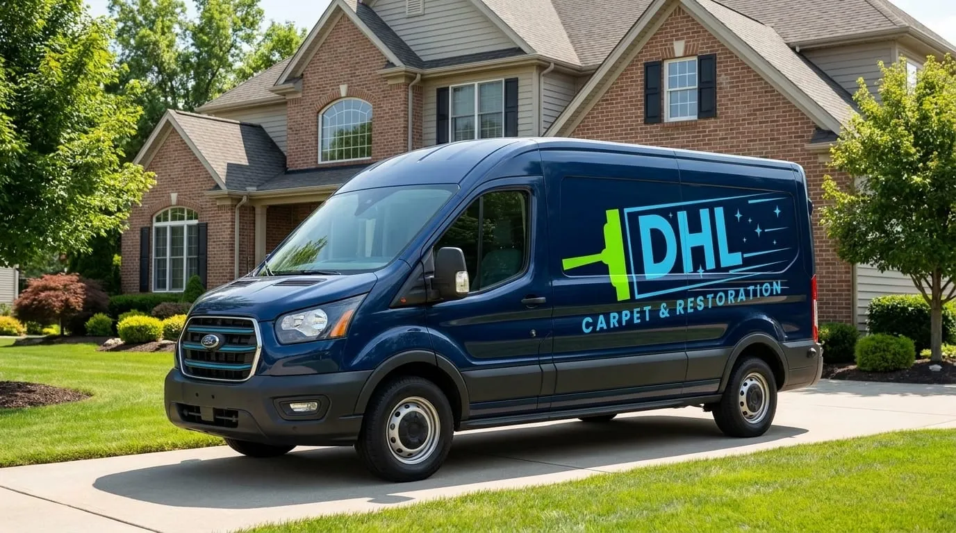 A DHL Carpet & Restoration work van parked outside a New Jersey home.