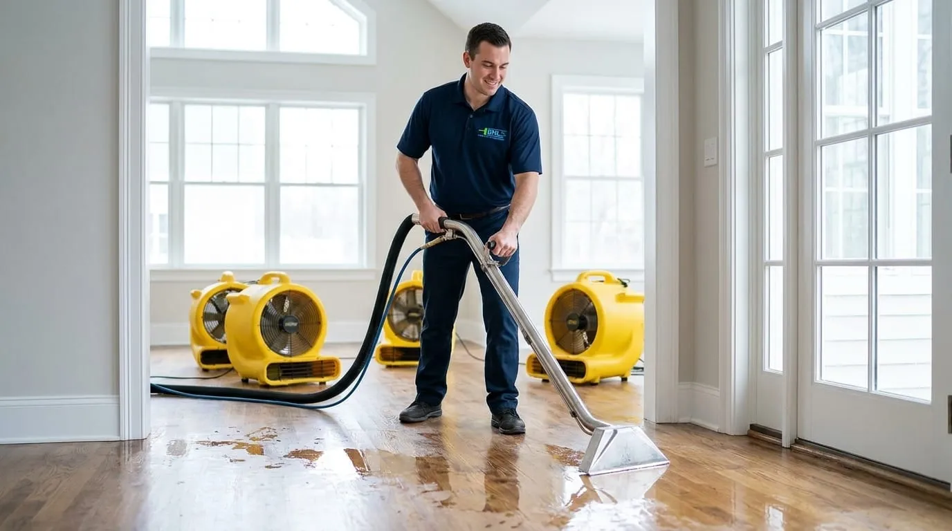 A DHL restoration technician extracting water inside a New Jersey home, drying fans running.