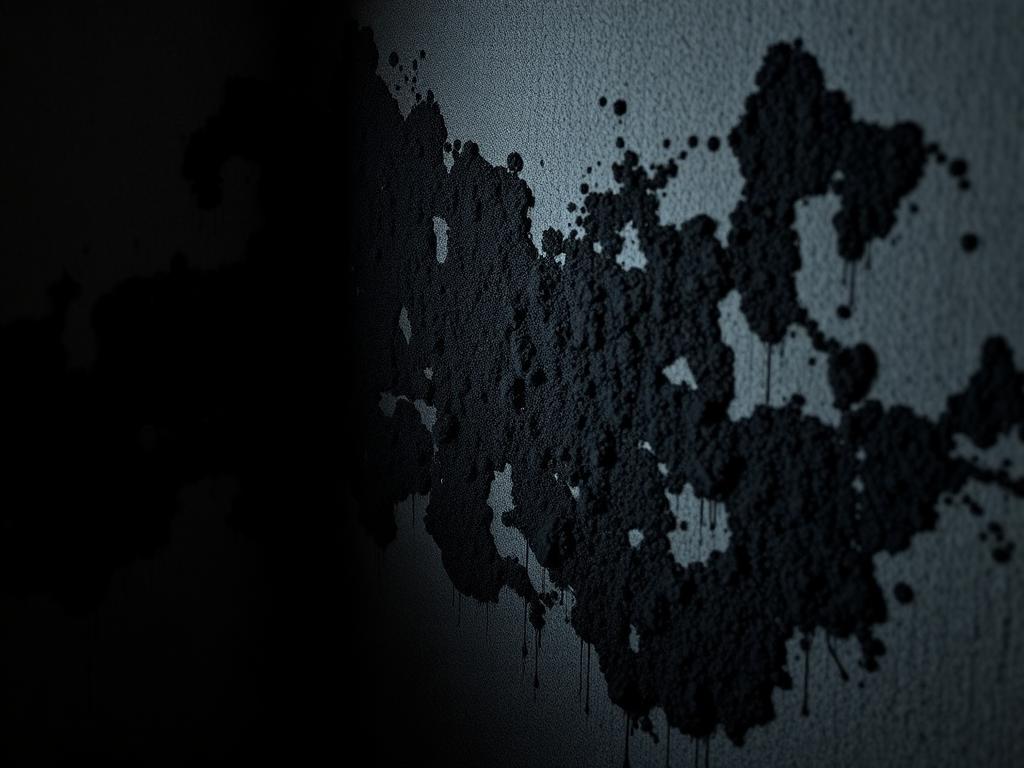 Dark mold growth along the base of a basement wall being assessed by a technician