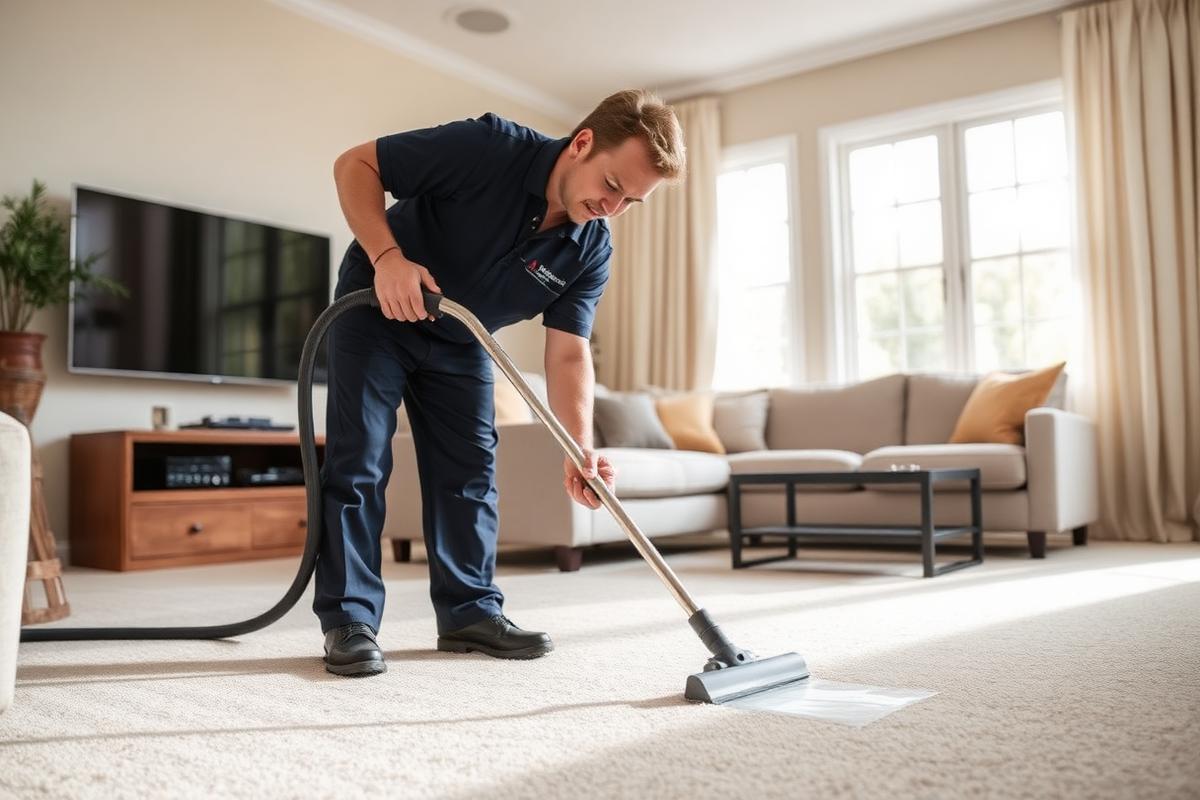 Technician extracting water from carpet after a basement flood
