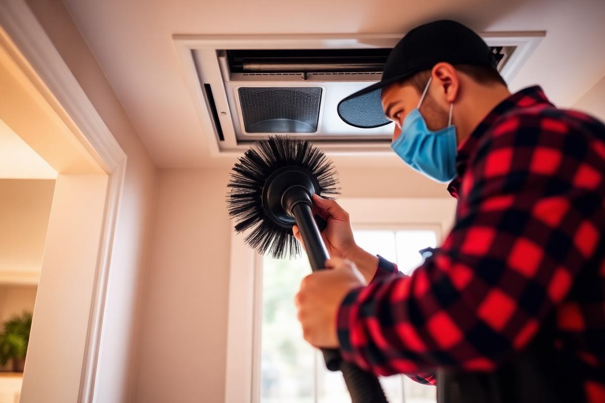 Technician cleaning a dryer vent line during seasonal maintenance