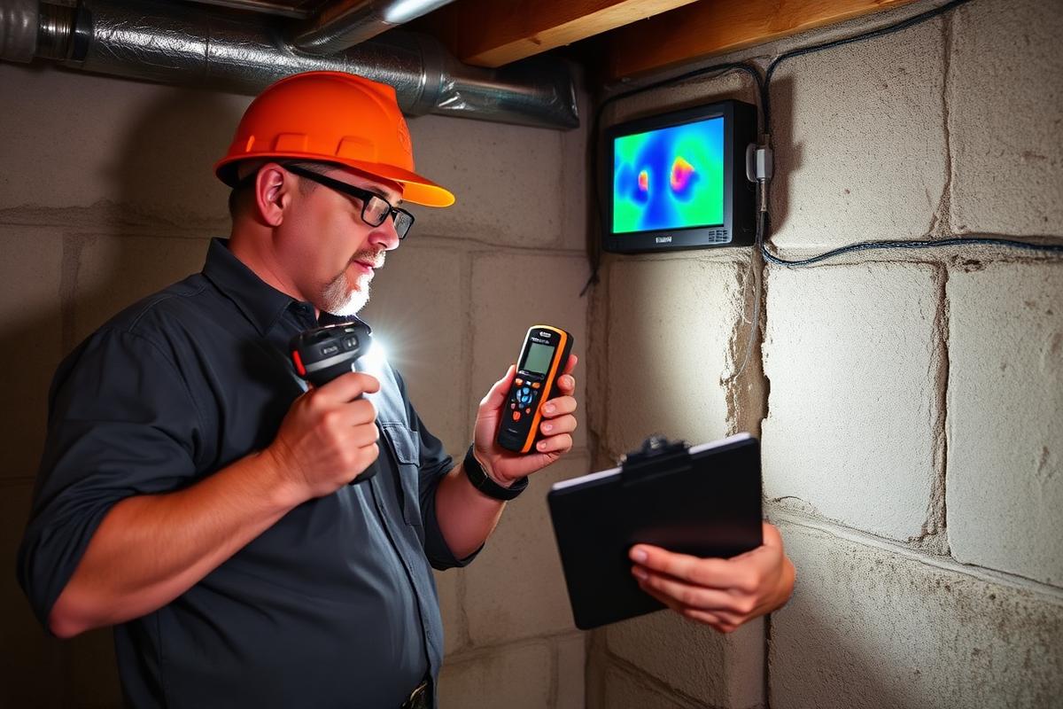 Inspector using a moisture meter and thermal camera on a basement wall