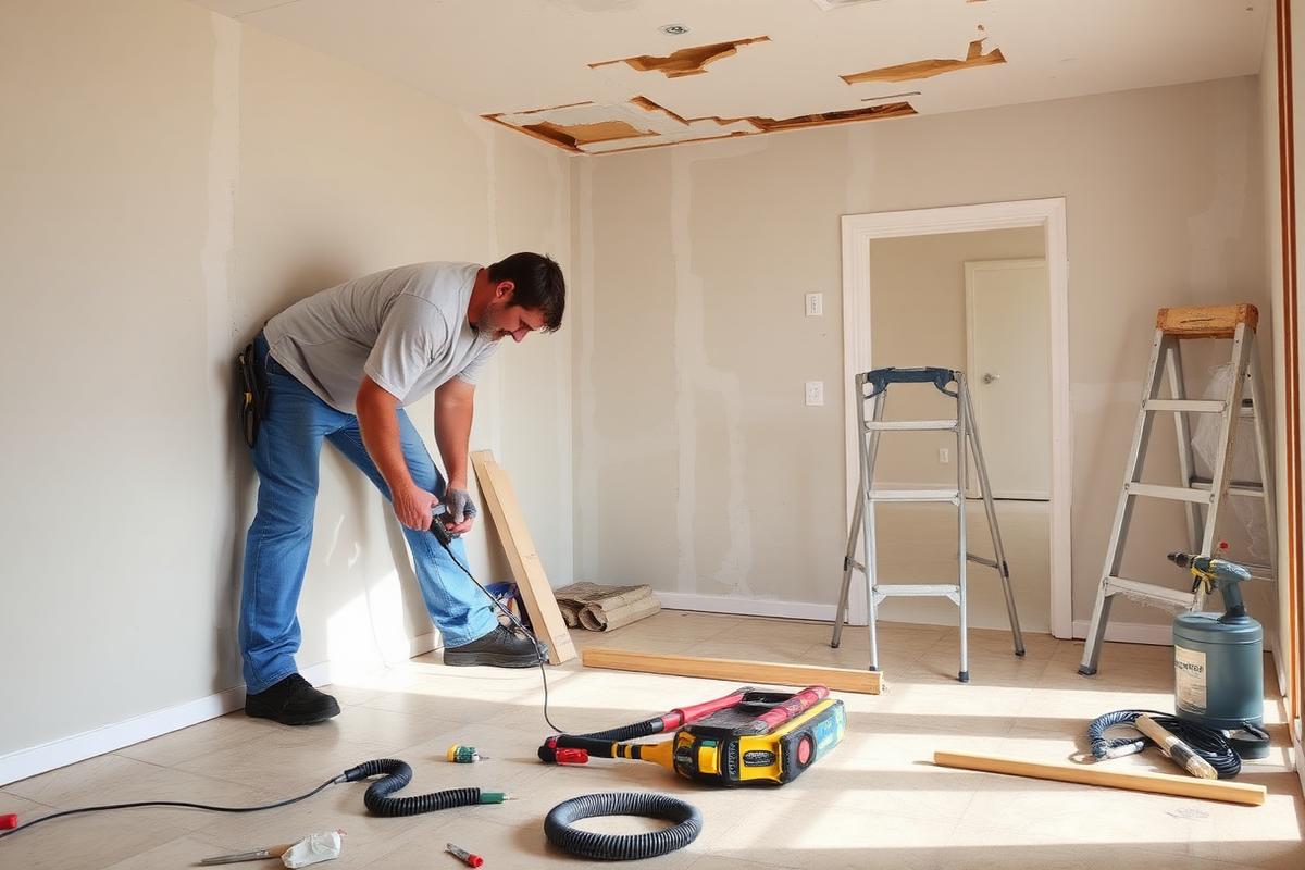Contractor installing new drywall and flooring during home restoration