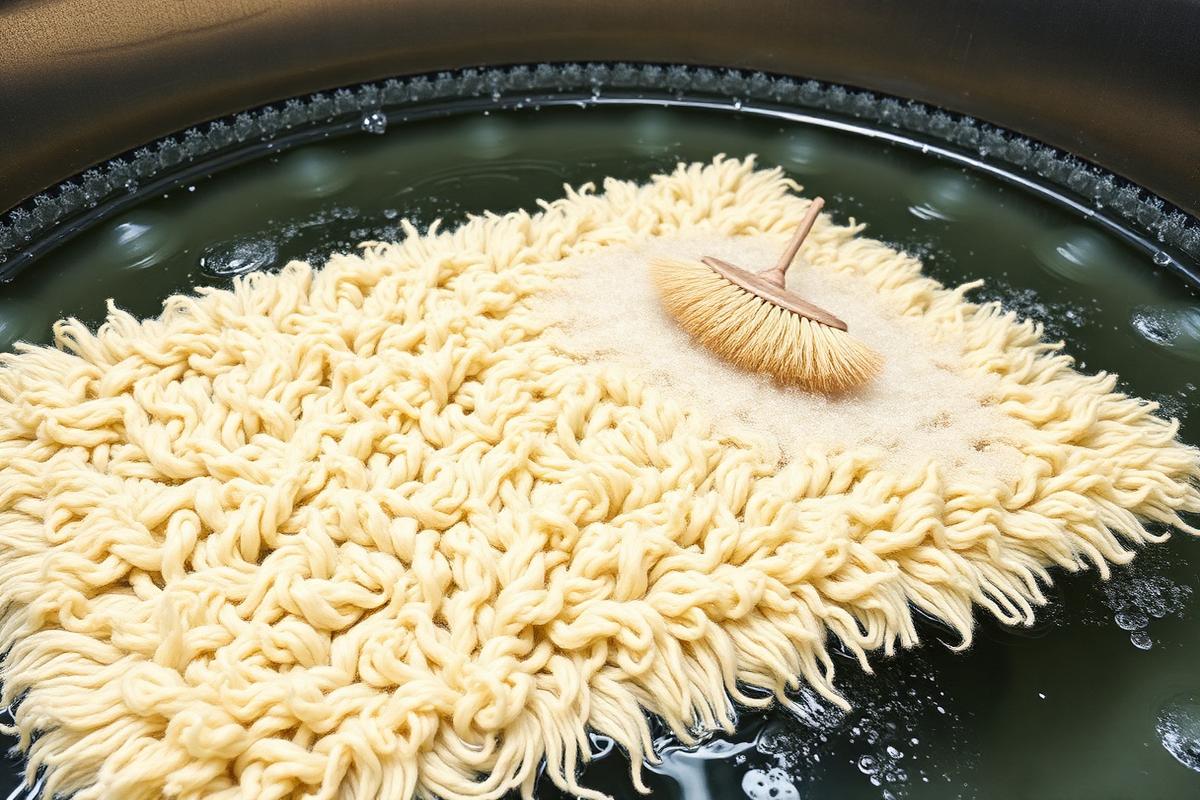 Wool rug being dusted and washed in a professional rug plant