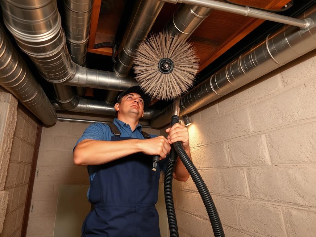 Technician inspecting an air handler and duct interior for mold growth