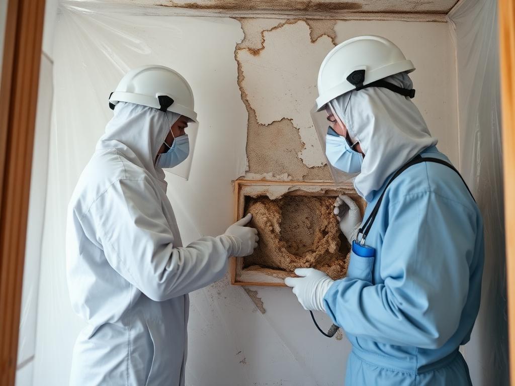 Technician in PPE cutting out mold-affected drywall with a HEPA vacuum nearby