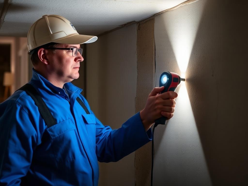 Inspector using a thermal camera and moisture meter on a residential wall