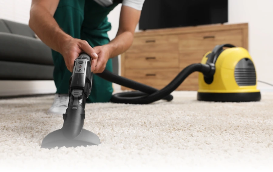Close-Up of Rug Cleaning with Vacuum Machine – "Close-up of a technician’s hand using a high-powered vacuum on a rug, part of professional rug cleaning service in New Jersey homes."