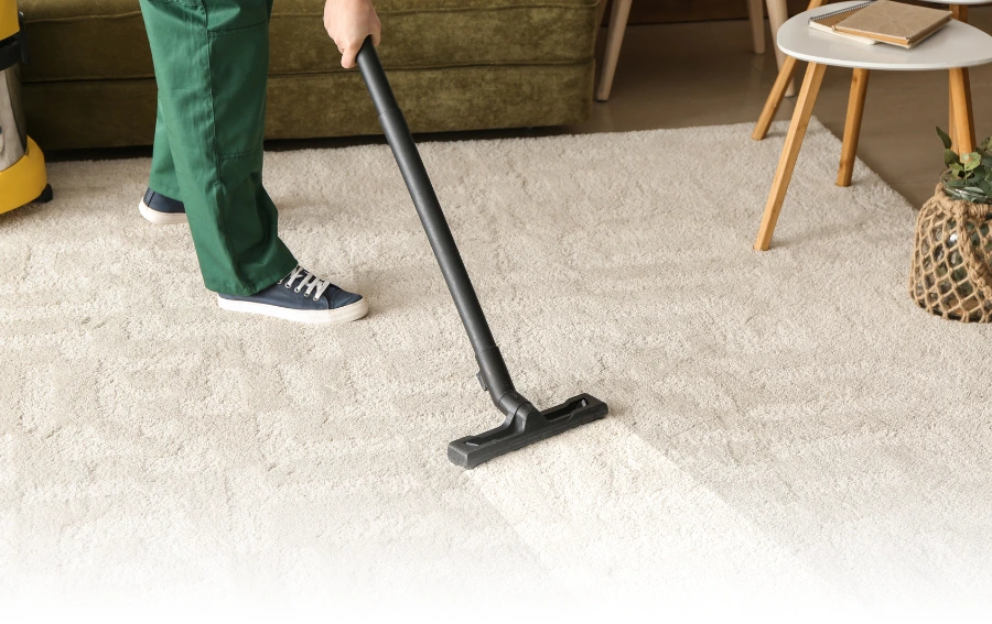 Vacuuming White Rug in Living Room – "Technician using a professional vacuum to deep clean a white rug in a residential living room in New Jersey."