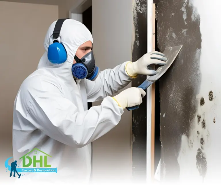 Mold Cleanup in Progress with Scraper Tool – "Professional mold technician cleaning a heavily infested wall with a scraper, wearing gloves and respirator for safety."