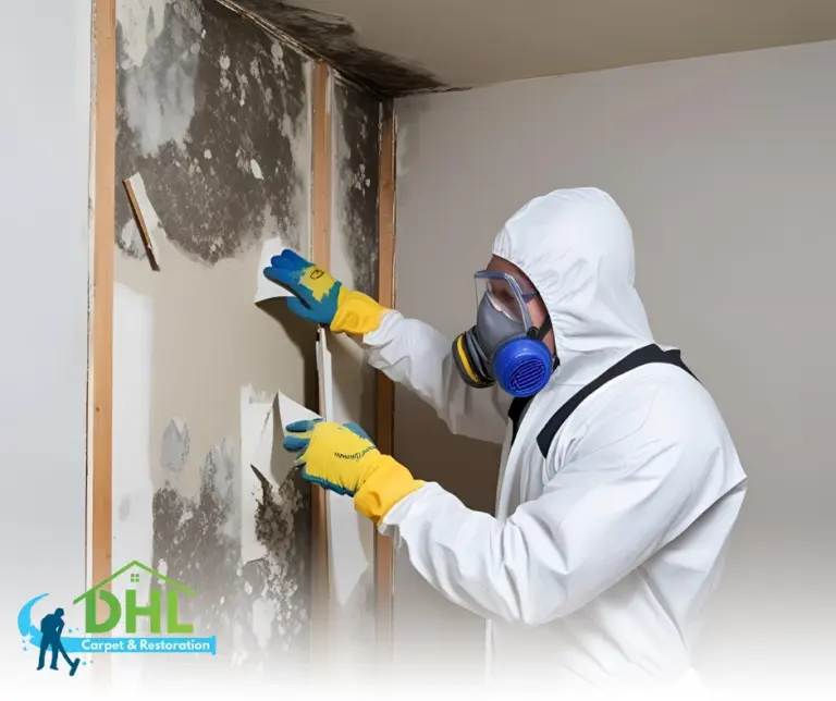 Peeling Back Drywall to Expose Mold Behind Wall – "Remediation expert exposing hidden mold behind drywall panels to begin thorough cleaning and treatment process."