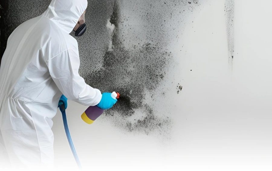 Technician Spraying Moldy Wall in Protective Gear – "Mold mitigation expert in full protective gear applying cleaning solution to a mold-infested wall, part of a proven mold mitigation process in NJ."