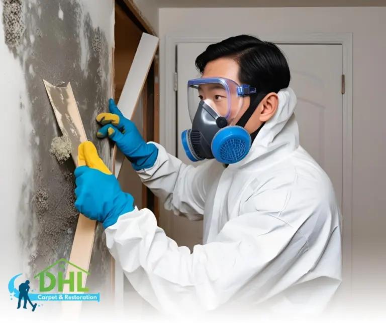 Technician Scraping Mold from Wall Wearing PPE – "Mold remediation specialist in full protective gear removing mold from a residential wall in Bloomfield, NJ."