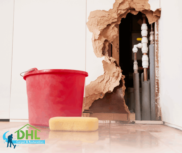 Wall cavity revealing burst plumbing with visible damage, next to a red bucket and cleaning supplies.