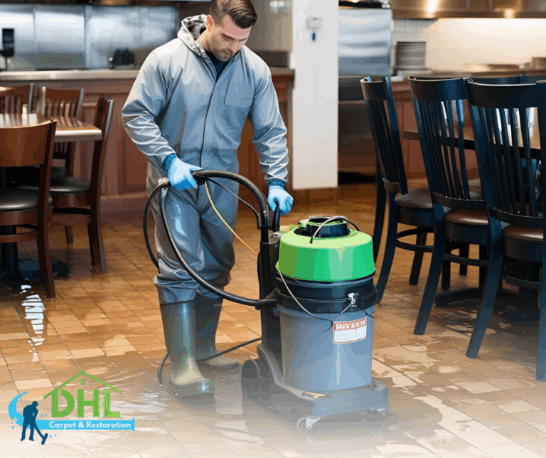 Technician extracting water from a flooded commercial space using professional equipment to mitigate water damage.