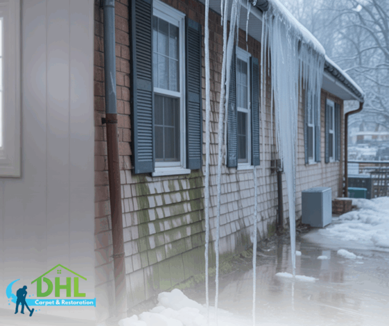 Exterior view of a building with melting snow and ice, showing water pooling near the foundation.