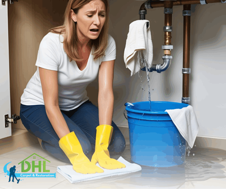 Concerned woman kneeling beside a leaking sink cabinet, catching water with a towel and bucket.